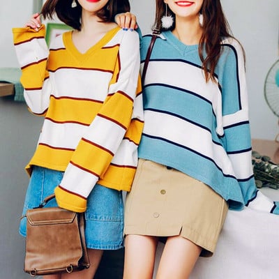 Sweet v-neck color block striped knit sweater