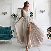 Stylish light champagne lace chiffon long prom dress, evening dress - Thumbnail 1