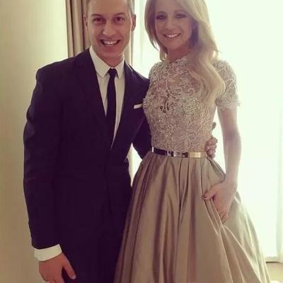 Elgeant short lace champagne long prom dresses evening dresses