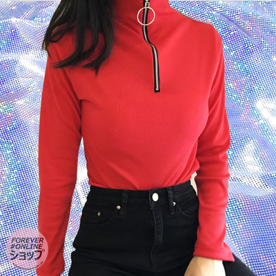 SOFT GRUNGE LONG SLEEVE TOP WITH HIGH HALF ZIP NECK