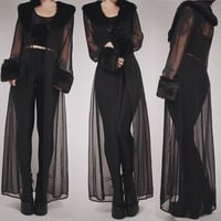 CLAIMED @vamps420 - Vintage 90s Black Sheer Dressing Gown with Removable Faux Fur Trim - Thumbnail 1