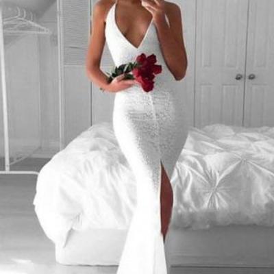 Z177 v-neck mermaid lace charming backless prom dress