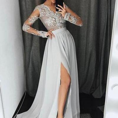 Z179 lace chiffon long sleeve charming prom dress
