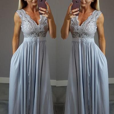 Simple a line lace v neck long prom dress, lace evening dress - Thumbnail 4