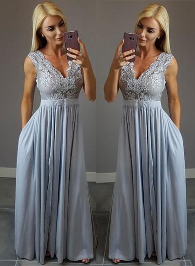 Simple A line lace v neck long prom dress, lace evening dress