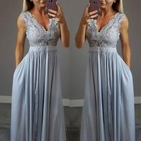 Simple A line lace v neck long prom dress, lace evening dress - Thumbnail 1