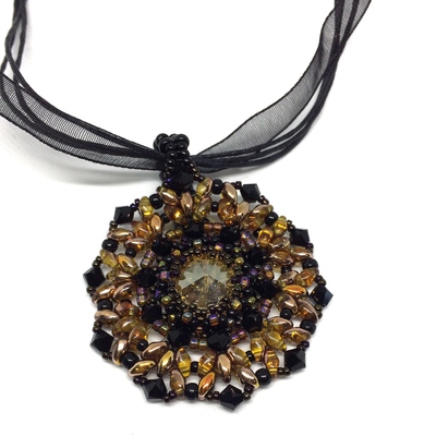 Topaz Color and Black Crystal Pendant on Ribbon Necklace
