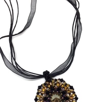 Topaz Color and Black Crystal Pendant on Ribbon Necklace - Thumbnail 1