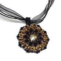 Topaz Color and Black Crystal Pendant on Ribbon Necklace - Thumbnail 2