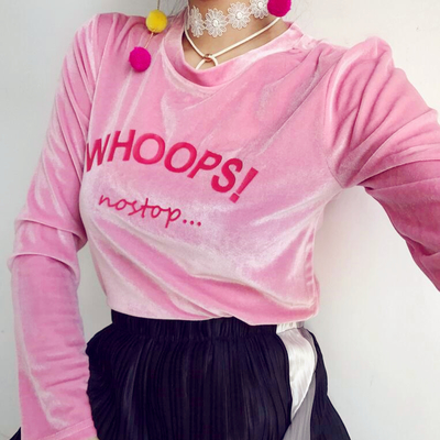 Free shipping - whoops printed velvet long sleeved t-shirt - Thumbnail 5