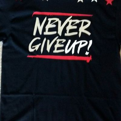 Never give up!  (black,red,silver&white) t-shirt.