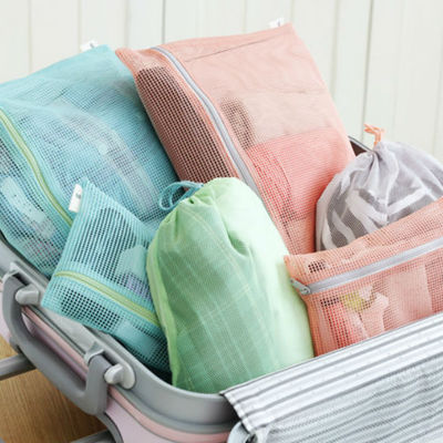 1 set peach & lake blue color 4 different size travel packing mesh travel pouch 2 set