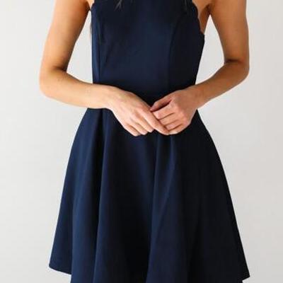Simple dark navy homecoming dress,a-line halter short prom dress,short homecoming dress