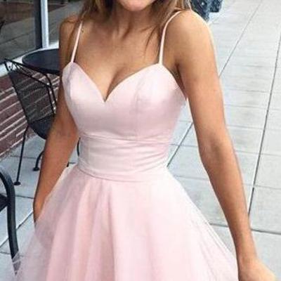 Spaghetti strap pink prom dress,cheap short prom dress,tulle cute homecoming dress,a line graduation dress