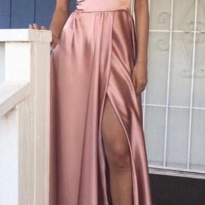 High quality pink prom dress, off the shoulder party dress,side slit prom dress