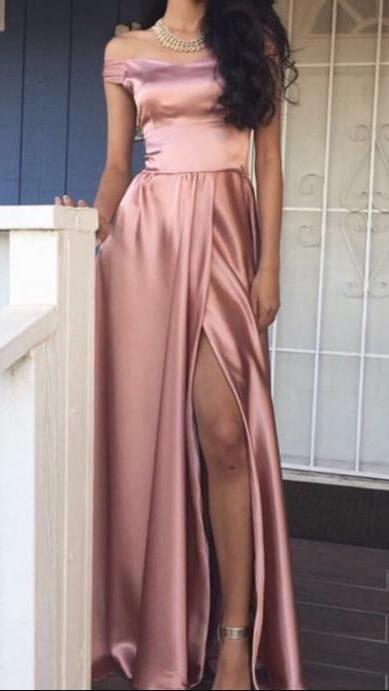 High quality Pink Prom Dress, Off the Shoulder Party Dress,Side Slit Prom Dress