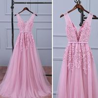 Pink Long Lace prom Dresses,Sexy V Neck Prom Dresses,Elegant Formal Dresses for Weddings - Thumbnail 1