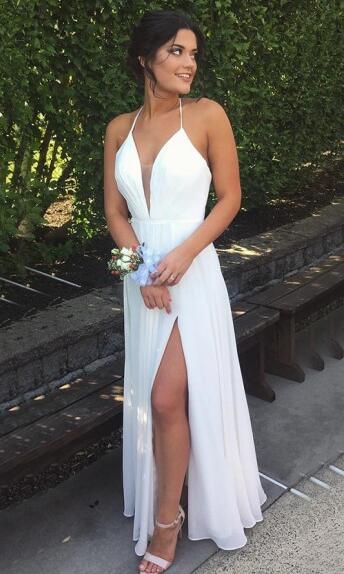 Halter Floor Length Chiffon Prom Dress,Split White Backless Prom Dress with Pleats