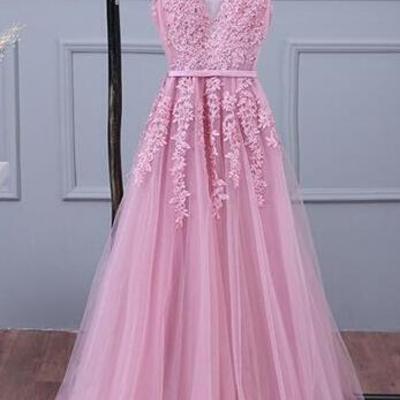 Lace porm dress,cheap pink prom dress,long party dress,sexy v neck prom dresses - Thumbnail 5