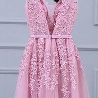 Lace Porm Dress,Cheap Pink Prom Dress,Long Party Dress,Sexy V Neck Prom Dresses - Thumbnail 1