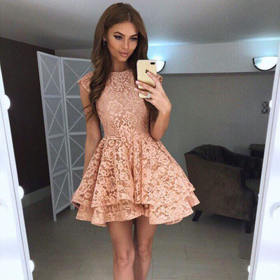 Cute a line lace short prom dress, lace homecoming dress - Thumbnail 5