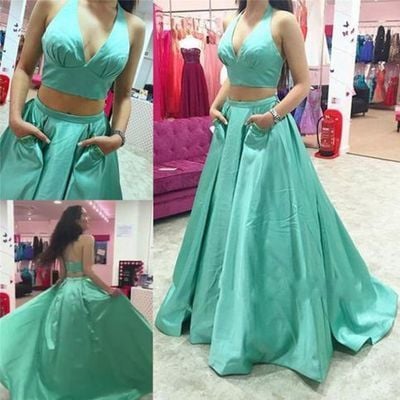 Sexy Two Piece Halter Long Prom Dresses