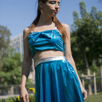 "Caramel Shiny" Elastic Blue Flared Skirt - Thumbnail 1
