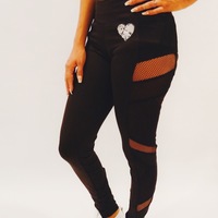 World Fingerprint Heart Black leggings w/mesh sides - Thumbnail 3