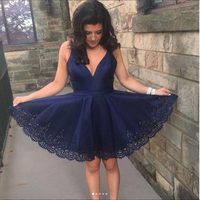Simple dark blue v neck short prom dress, homecoming dress - Thumbnail 1