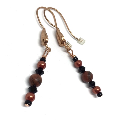 Poppy Jasper Natural Stone and Black Crystal Earrings on Copper Leaf Ear Hooks