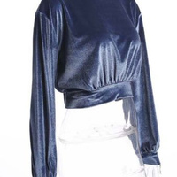 Emma Blue Velvet Crop Top - Thumbnail 3