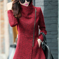 Wine Red Woolen Coat - Thumbnail 3