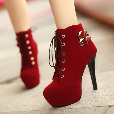 Red Lace up Platform High Heel Boots
