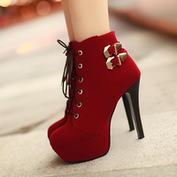 Red Lace up Platform High Heel Boots - Thumbnail 1