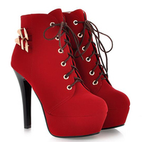 Red Lace up Platform High Heel Boots - Thumbnail 3