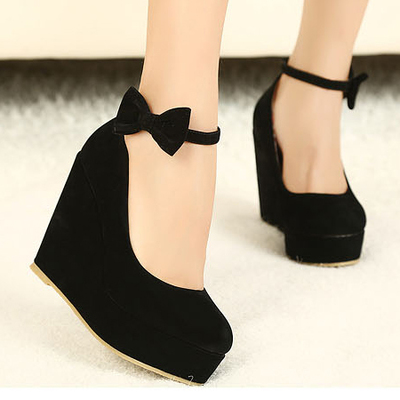 Cute black ankle strap wedge pumps