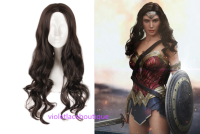 Superman Dawn of Justice Costume Wonder Woman Cosplay Brown Long Curly Wig