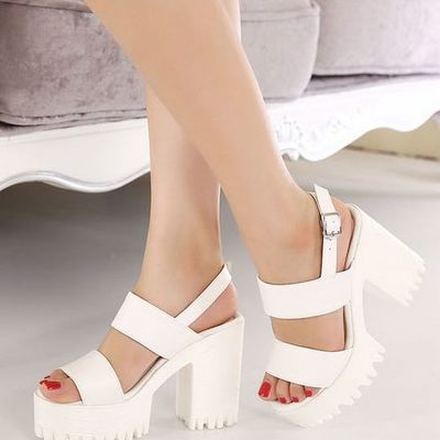 White double strap chunky heel sandals