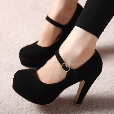 Suede black ankle strap high heels shoes