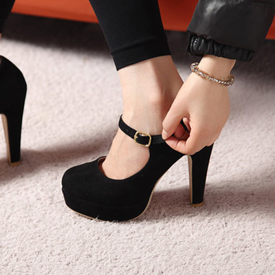 Suede black ankle strap high heels shoes