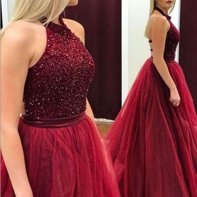 Burgundy tulle round neck long prom dress, burgundy evening dress