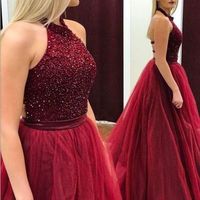 Burgundy tulle round neck long prom dress, burgundy evening dress - Thumbnail 1