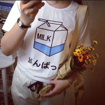  japanese harajuku cute soft milk box print  short sleeve t shirt tops - Thumbnail 5