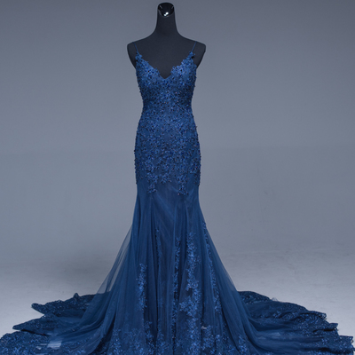 Mermaid lace prom dress,mermaid lace evening dress,spaghetti straps lace formal dress