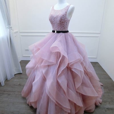 Tiered skirt prom dress,sexy open back blush pink prom gown,colorful wedding dress  