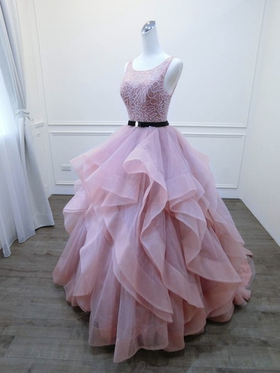 Tiered Skirt Prom Dress,Sexy Open Back Blush Pink Prom Gown,Colorful Wedding Dress  