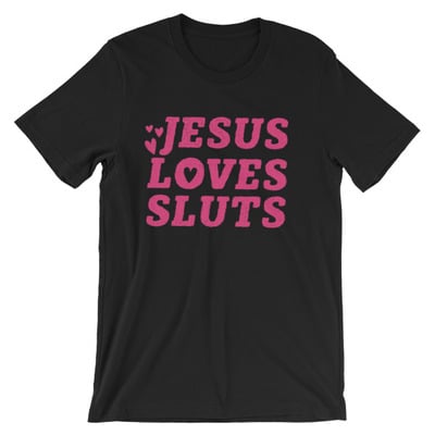 Jesus loves sluts black and yellow unisex short-sleeve unisex t-shirt