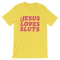 Jesus Loves Sluts black and yellow Unisex Short-Sleeve Unisex T-Shirt - Thumbnail 1