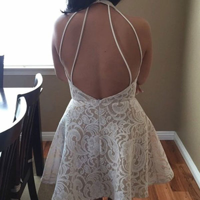Criss cross halter lace short prom dresses - Thumbnail 5