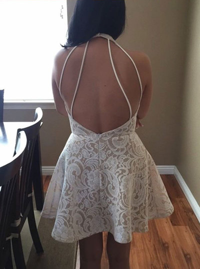Criss Cross Halter Lace Short Prom Dresses
